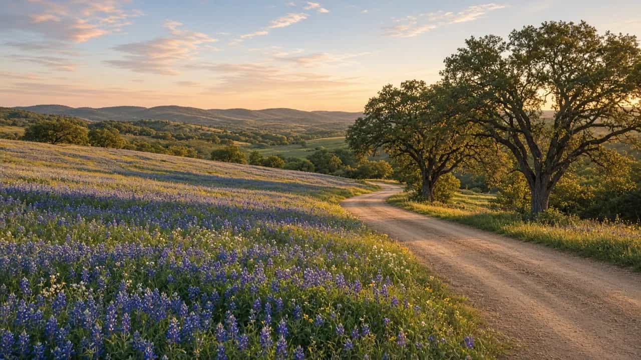 Texas Hill Country bluebonnet field with a winding road and oak trees at golden hour