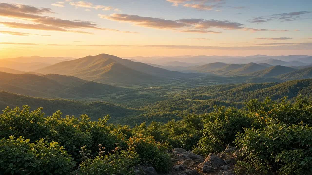 Shenandoah National Park Skyline Drive overlook with blue ridges at golden hour, Virginia