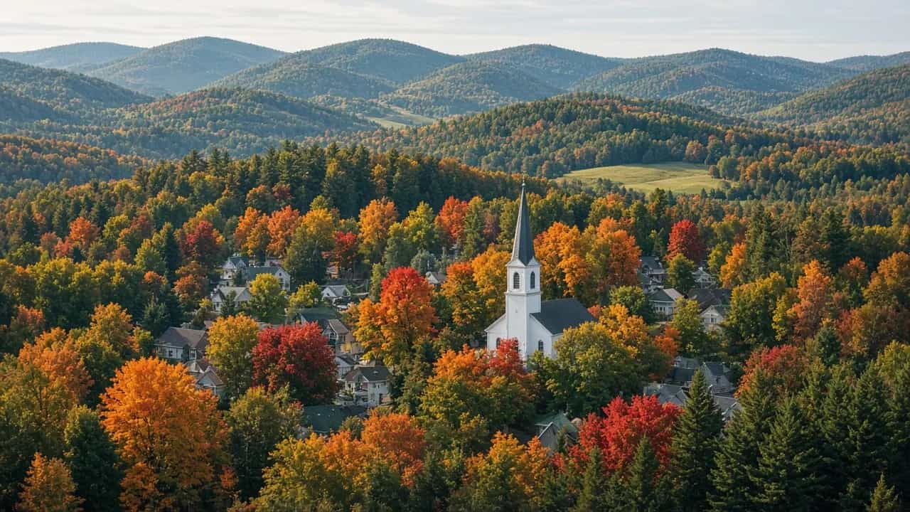 Vermont village with a white church steeple and maple trees in brilliant fall foliage