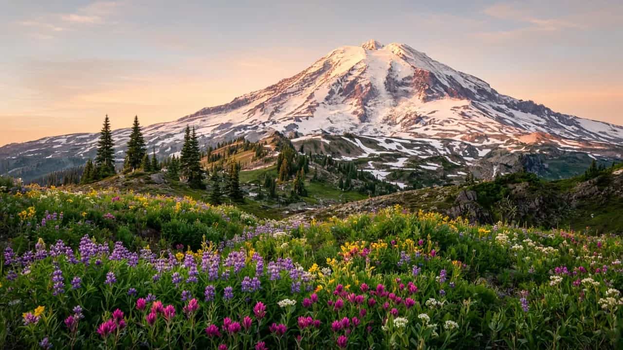 Mount Rainier above a wildflower meadow at sunrise, Washington