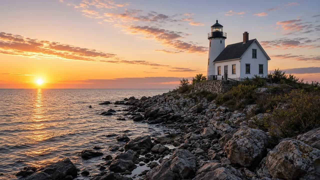Door County lighthouse and rocky Lake Michigan shore at sunset, Wisconsin