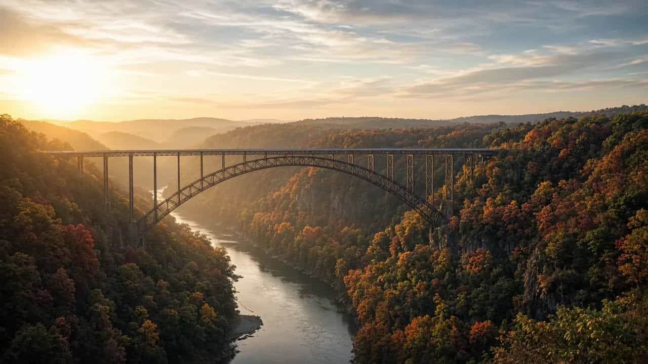 New River Gorge Bridge over a forested gorge with fall colors at sunrise, West Virginia