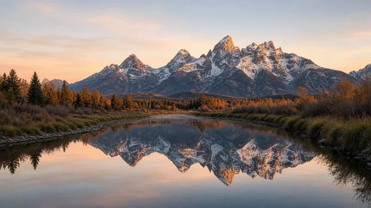 Grand Teton mountains reflected in the Snake River at sunrise, Wyoming